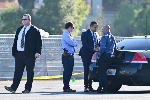 Police conduct an investigation as California Highway Patrol closed down all the westbound lanes of I-80 after a police involved shooting in Hercules, Calif., on Thursday, Jan. 22, 2026. (Jose Carlos Fajardo/Bay Area News Group)