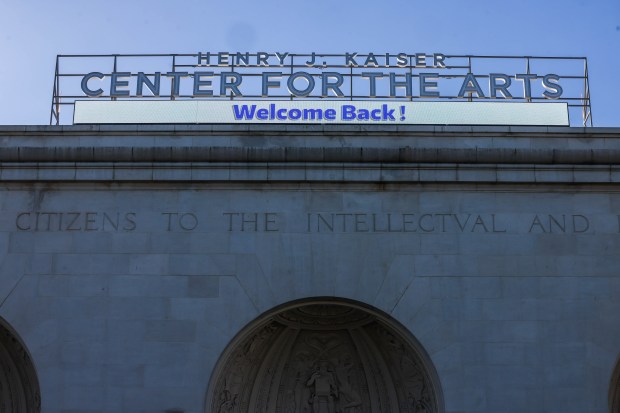 A "Welcome Back!" digital sign is displayed atop the Henry J. Kaiser Center for the Arts during the ribbon-cutting ceremony with Oakland Mayor Barbara Lee in Oakland, Calif., on Saturday, Jan. 24, 2026. (Ray Chavez/Bay Area News Group)