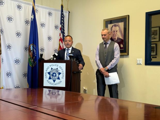 Oakland police union President Huy Nguyen and Vice President Tim Dolan address the association's reasons for calling for Oakland Mayor Sheng Thao to resign during a press conference Tuesday, Aug. 6, 2024. (Sierra Lopez/staff)