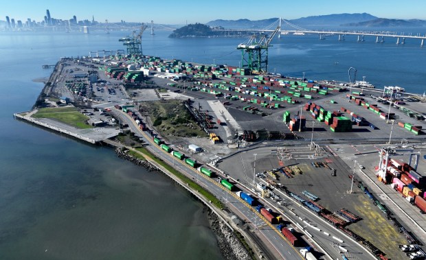An aerial view of the Port of Oakland's Outer Harbor in Oakland, Calif., on Tuesday, Jan. 13, 2026. (Jane Tyska/Bay Area News Group)