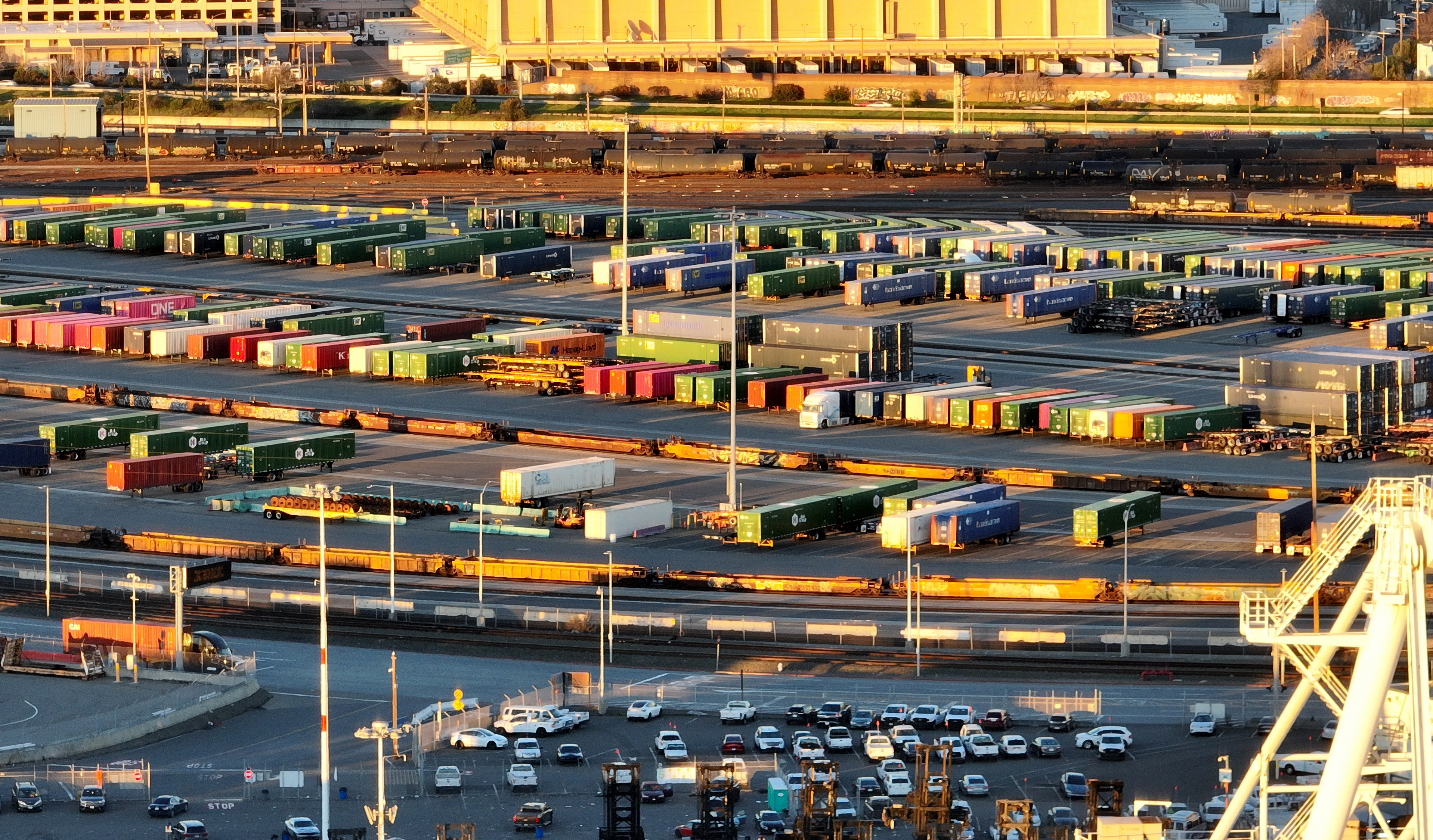 An aerial view of the Port of Oakland from Alameda,...