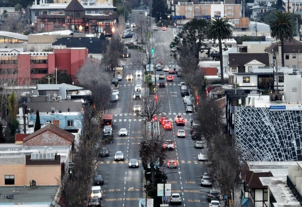 An aerial view of Shattuck Avenue from Hearst Street looking north towards Rose Street in Berkeley, Calif., on Wednesday, Jan. 21, 2026. Berkeley is considering up-zoning three commercial zones to encourage more housing development. (Jane Tyska/Bay Area News Group)