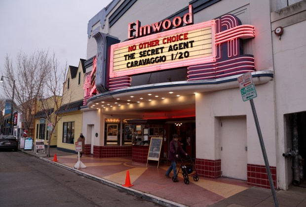 A view of the Rialto Cinemas Elmwood on College Avenue from Russell Street looking towards Webster Street in Berkeley, Calif., on Wednesday, Jan. 21, 2026. Berkeley is considering up-zoning three commercial zones to encourage more housing development. (Jane Tyska/Bay Area News Group)