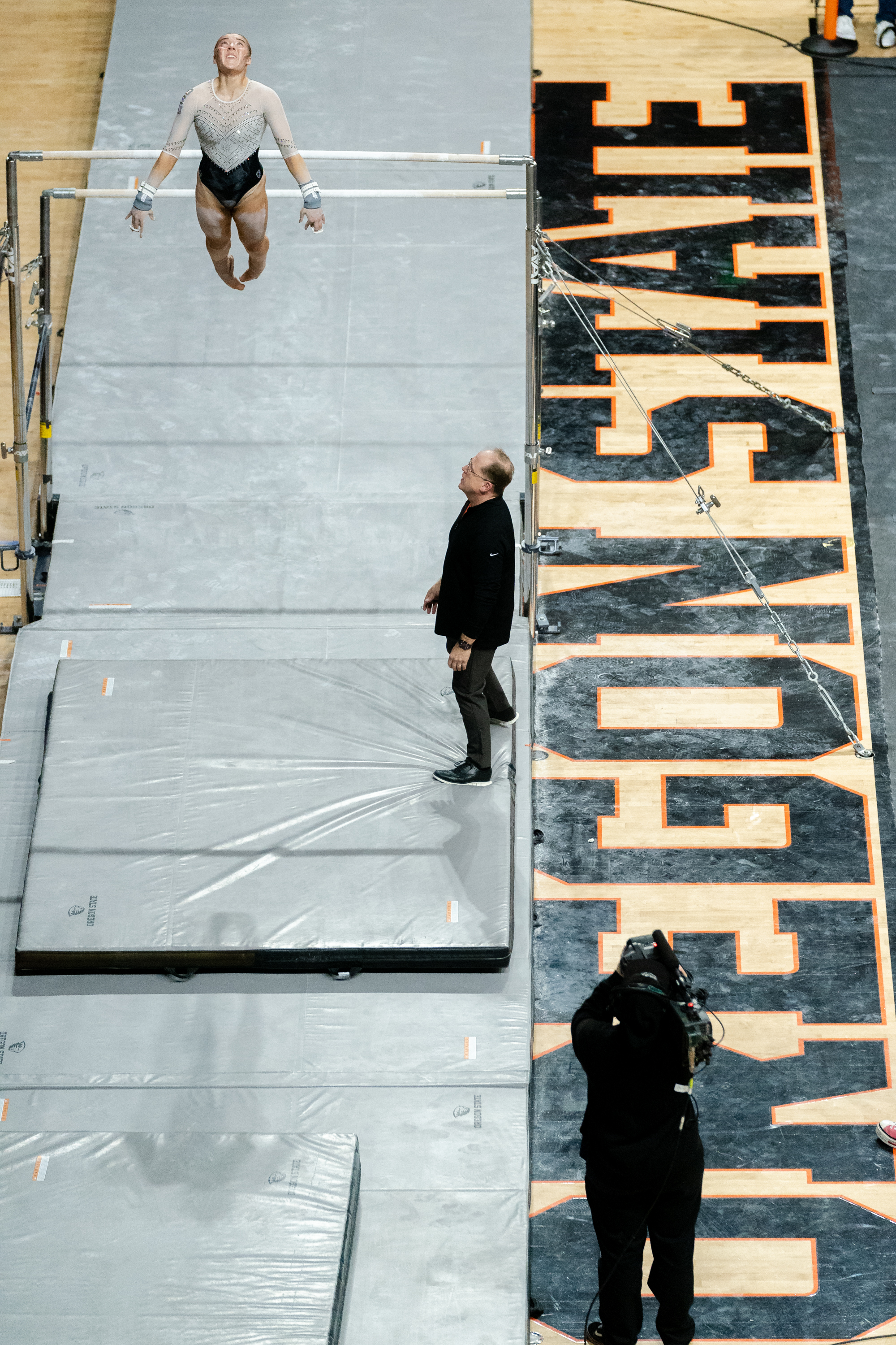 Savannah Miller of the Oregon State Beavers competes on the uneven bars during a gymnastics meet against the Sacramento State Hornets at Gill Coliseum on January 16, 2026 in Corvallis, OR.