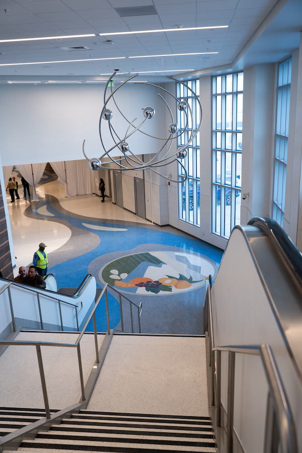 view down a set of stairs to a decorative floor medallion with fruit motifs
