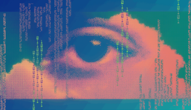 A photo illustration showing an eye in clouds, overlayed with numbers from computer code. The image symbolizes the increasing human-like power of AI systems and their effect on society.