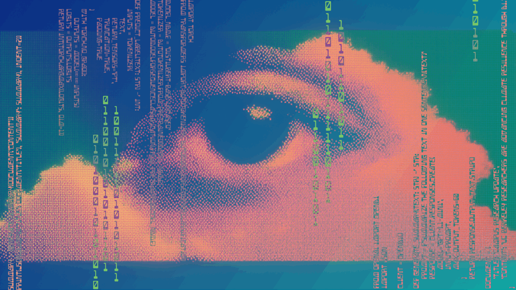 A photo illustration showing an eye in clouds, overlayed with numbers from computer code. The image symbolizes the increasing human-like power of AI systems and their effect on society.