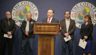 From left to right: Clovis Council Member Drew Bessinger, Fresno County Supervisor Buddy Mendes, Fresno County Supervisor Garry Bredefeld, Fresno County Supervisor Nathan Magsig, and Clovis Councilmember Diane Pierce at a Tuesday, Jan. 13, 2026, press conference. (GV Wire/Jahz Tello)