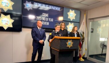 From left to right: Fresno Mayor Jerry Dyer, Fresno Police Chief Mindy Casto, Fresno County District Attorney Lisa Smittcamp, and City Manager Georgeanne White at a Tuesday, Jan. 6, 2026, press conference at Fresno Police Headquarters. (GV Wire)
