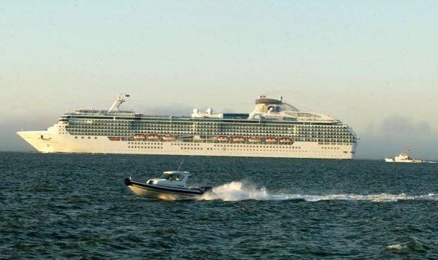 Grunion columnist Jo Murray's cousin Steve Shongut, from New York, will arive on Princess Cruises' Island Princess on Thursday, Jan. 8. This 2003 file photo shows the Island Princess being escorted out to sea in the San Francisco Bay Area. (Mindy Schauer, The Orange County Register/SCNG)