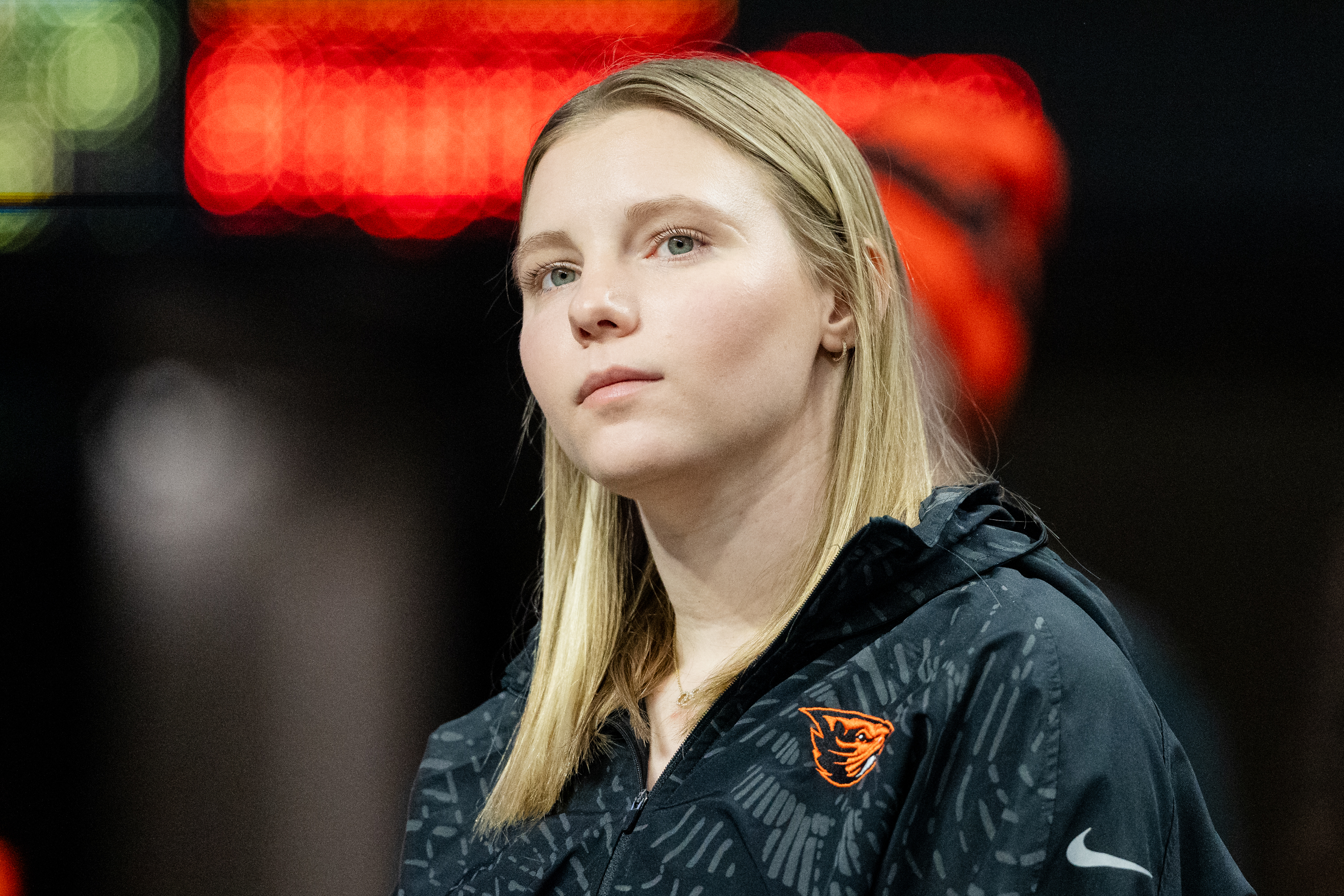 Student Assistant Coach Jade Carey of the Oregon State Beavers watches during warm ups before the gymnastics meet against the Sacramento State Hornets at Gill Coliseum on January 16, 2026 in Corvallis, OR.