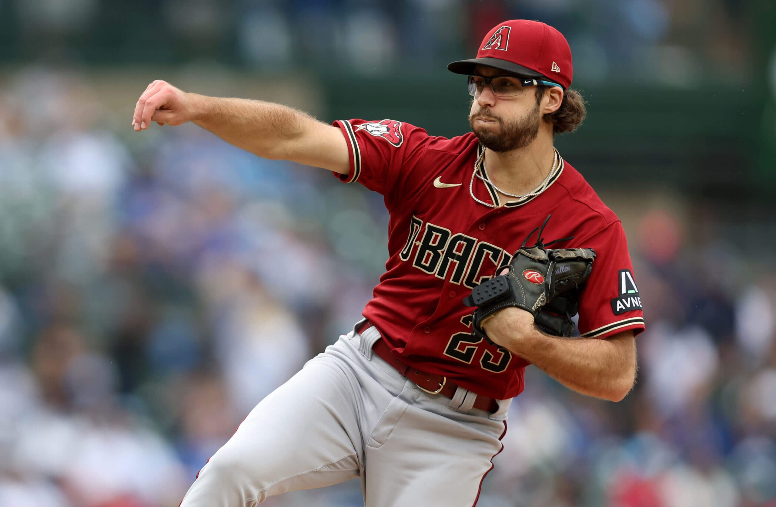 Zac Gallen throws a pitch with the Diamondbacks at Wrigley Field.