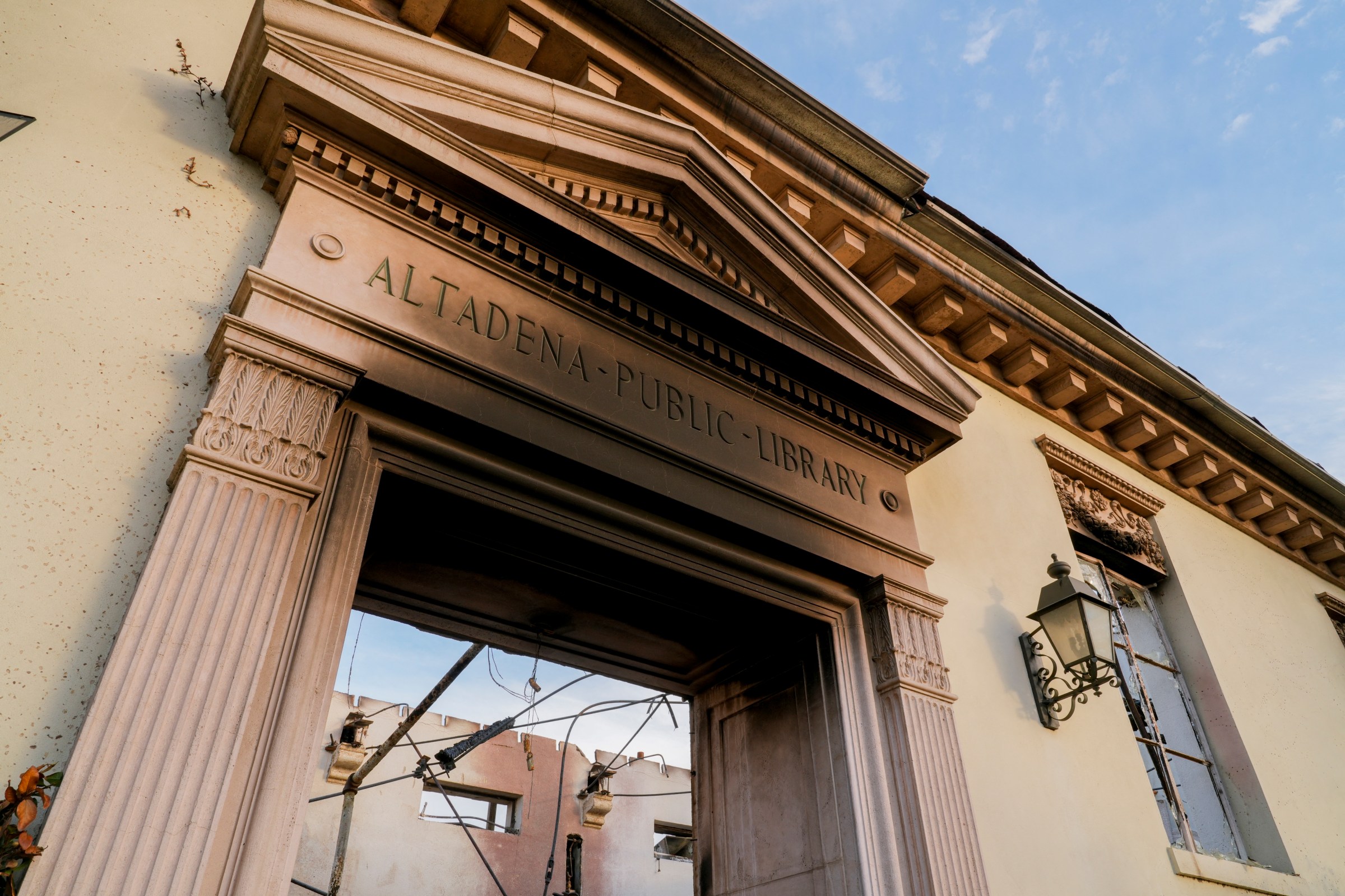 The Altadena Public Library’s fire-damaged entrance