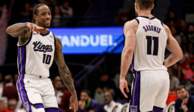 NEW ORLEANS, LOUISIANA - FEBRUARY 12: DeMar DeRozan #10 of the Sacramento Kings and Domantas Sabonis #11 celebrate after a basket against the New Orleans Pelicans during the first half of a game at the Smoothie King Center on February 12, 2025 in New Orleans, Louisiana. NOTE TO USER: User expressly acknowledges and agrees that, by downloading and or using this photograph, User is consenting to the terms and conditions of the Getty Images License Agreement. (Photo by Derick E. Hingle/Getty Images)