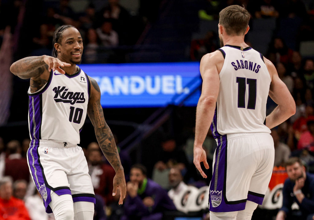 NEW ORLEANS, LOUISIANA - FEBRUARY 12: DeMar DeRozan #10 of the Sacramento Kings and Domantas Sabonis #11 celebrate after a basket against the New Orleans Pelicans during the first half of a game at the Smoothie King Center on February 12, 2025 in New Orleans, Louisiana. NOTE TO USER: User expressly acknowledges and agrees that, by downloading and or using this photograph, User is consenting to the terms and conditions of the Getty Images License Agreement. (Photo by Derick E. Hingle/Getty Images)