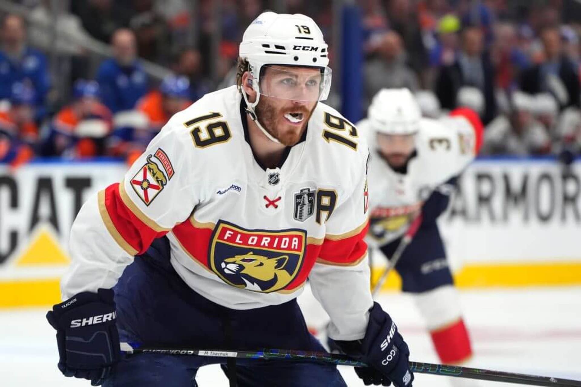 A photo of Matthew Tkachuk taken during Game 2 of the 2025 Stanley Cup Final.