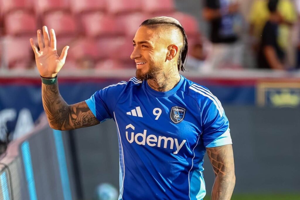 Cristian Chicho Arango9 of San Jose Earthquakes reacts to fans before a game