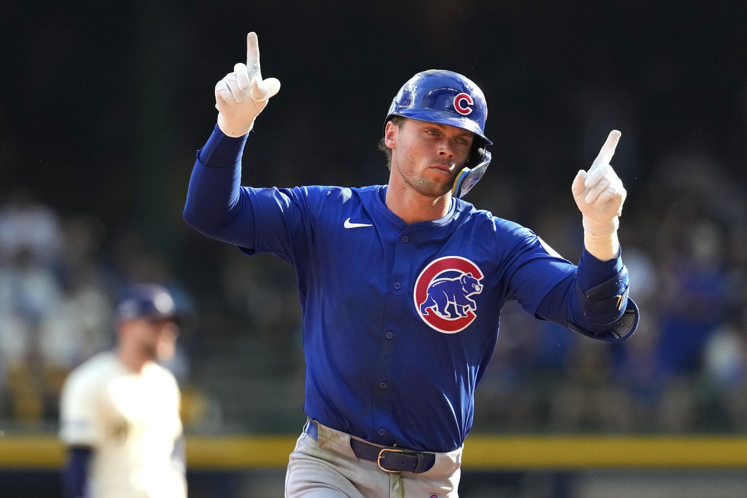 Nico Hoerner of the Chicago Cubs celebrates after hitting a home run against the Milwaukee Brewers during the eighth inning in game one of the Division Series at American Family Field. 