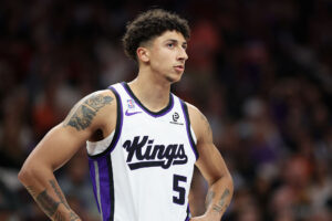 PHOENIX, ARIZONA - OCTOBER 22: Nique Clifford #5 of the Sacramento Kings during the first half of the NBA game at Mortgage Matchup Center on October 22, 2025 in Phoenix, Arizona. NOTE TO USER: User expressly acknowledges and agrees that, by downloading and or using this photograph, user is consenting to the terms and conditions of the Getty Images License Agreement. (Photo by Christian Petersen/Getty Images)