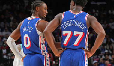 PHILADELPHIA, PA - OCTOBER 25: Tyrese Maxey #0 and VJ Edgecombe #77 of the Philadelphia 76ers looks on during the game against the Charlotte Hornets on October 25, 2025 at the Wells Fargo Center in Philadelphia, Pennsylvania NOTE TO USER: User expressly acknowledges and agrees that, by downloading and/or using this Photograph, user is consenting to the terms and conditions of the Getty Images License Agreement. Mandatory Copyright Notice: Copyright 2025 NBAE (Photo by Jesse D. Garrabrant/NBAE via Getty Images)