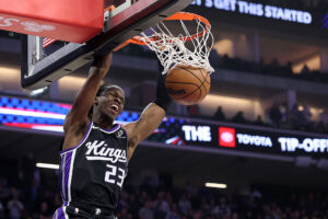 SACRAMENTO, CALIFORNIA - OCTOBER 26: Keon Ellis #23 of the Sacramento Kings dunks the ball against the Los Angeles Lakers during the first quarter at Golden 1 Center on October 26, 2025 in Sacramento, California. NOTE TO USER: User expressly acknowledges and agrees that, by downloading and/or using this photograph, user is consenting to the terms and conditions of the Getty Images License Agreement. (Photo by Ezra Shaw/Getty Images)
