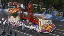 A San Francisco float rolls down the route of the 137th Rose Bowl Parade on Thursday, Jan. 1, 2026,