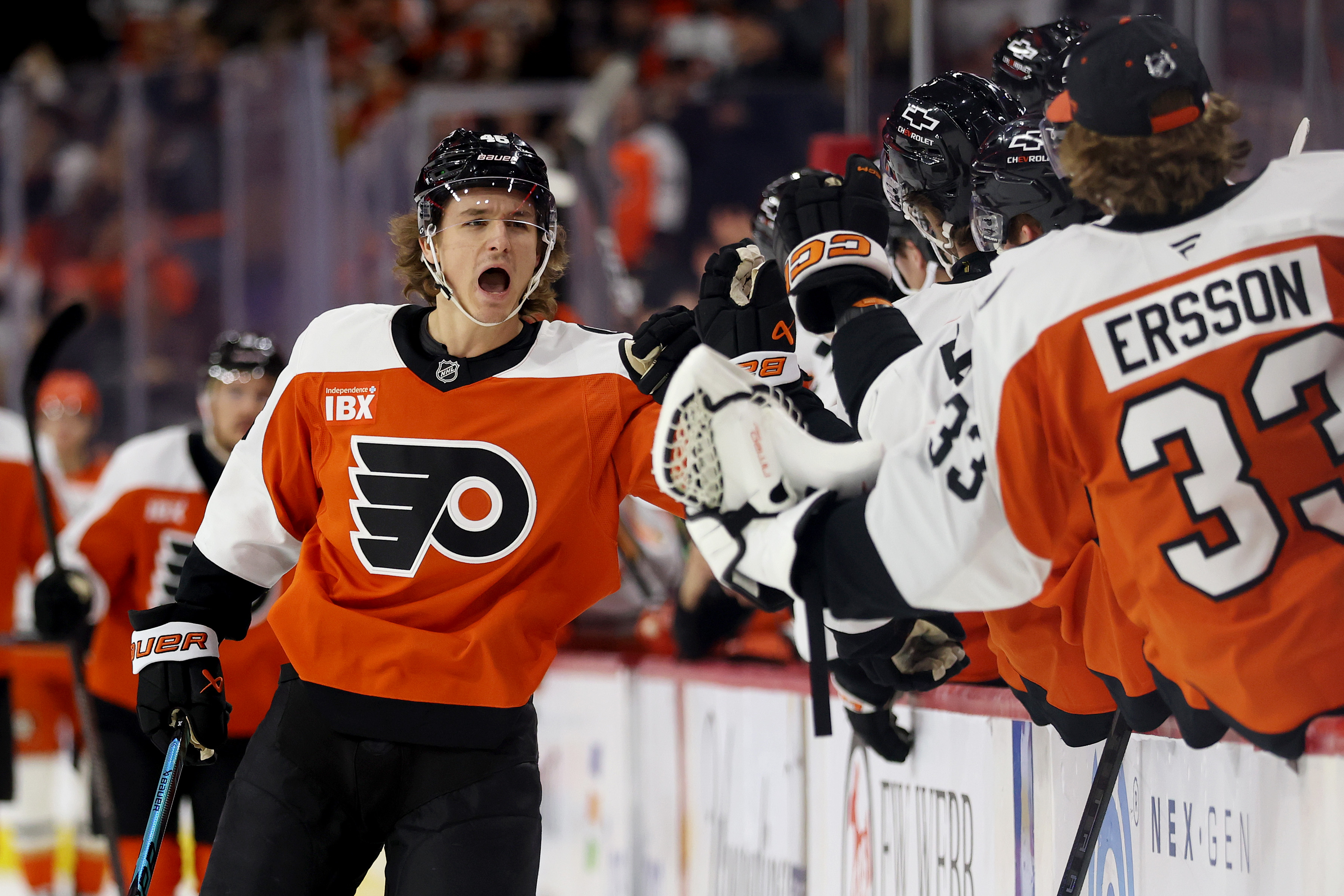 The Philadelphia Flyers’ Trevor Zegras celebrates after scoring his first...