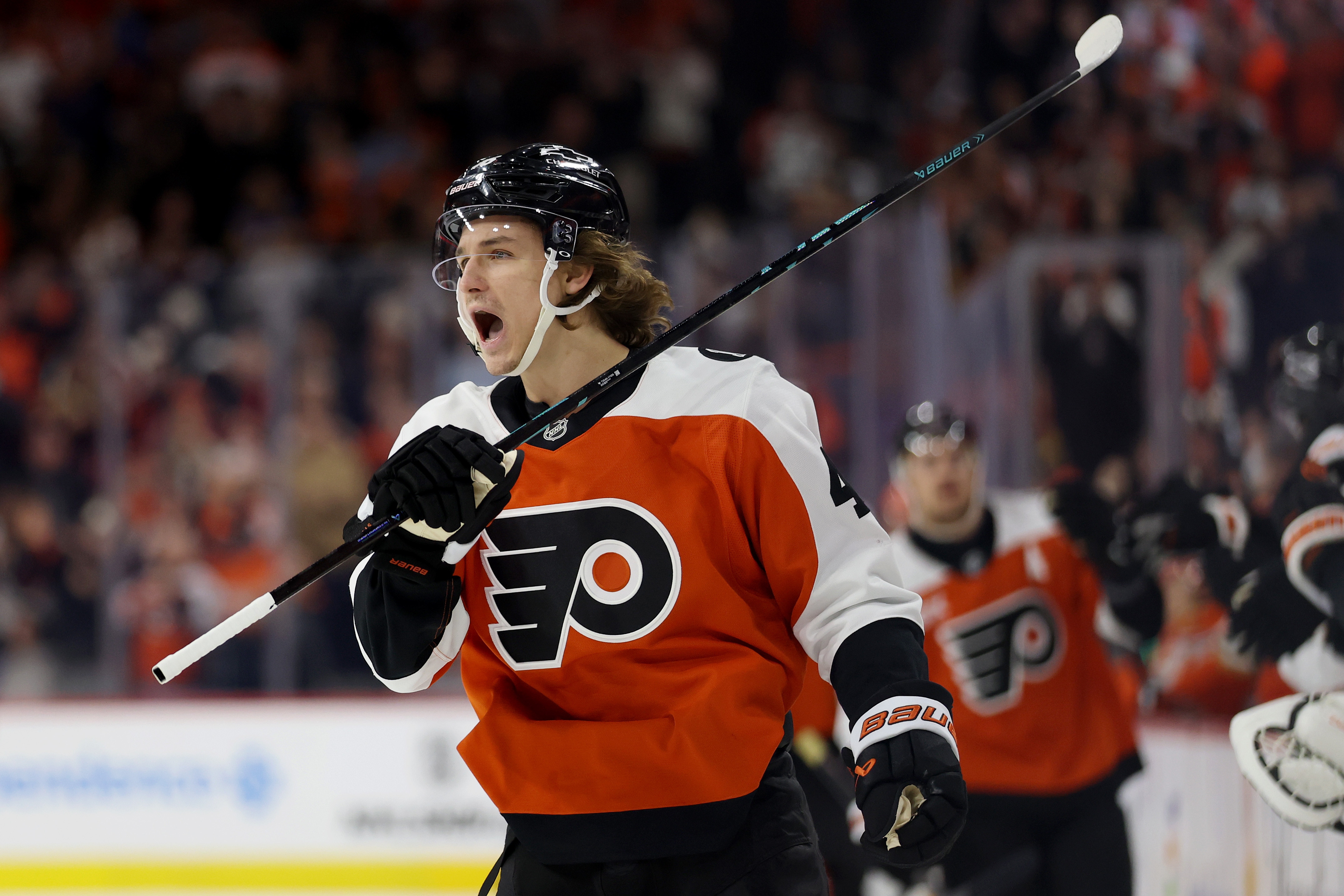 The Philadelphia Flyers’ Trevor Zegras celebrates after scoring his first...