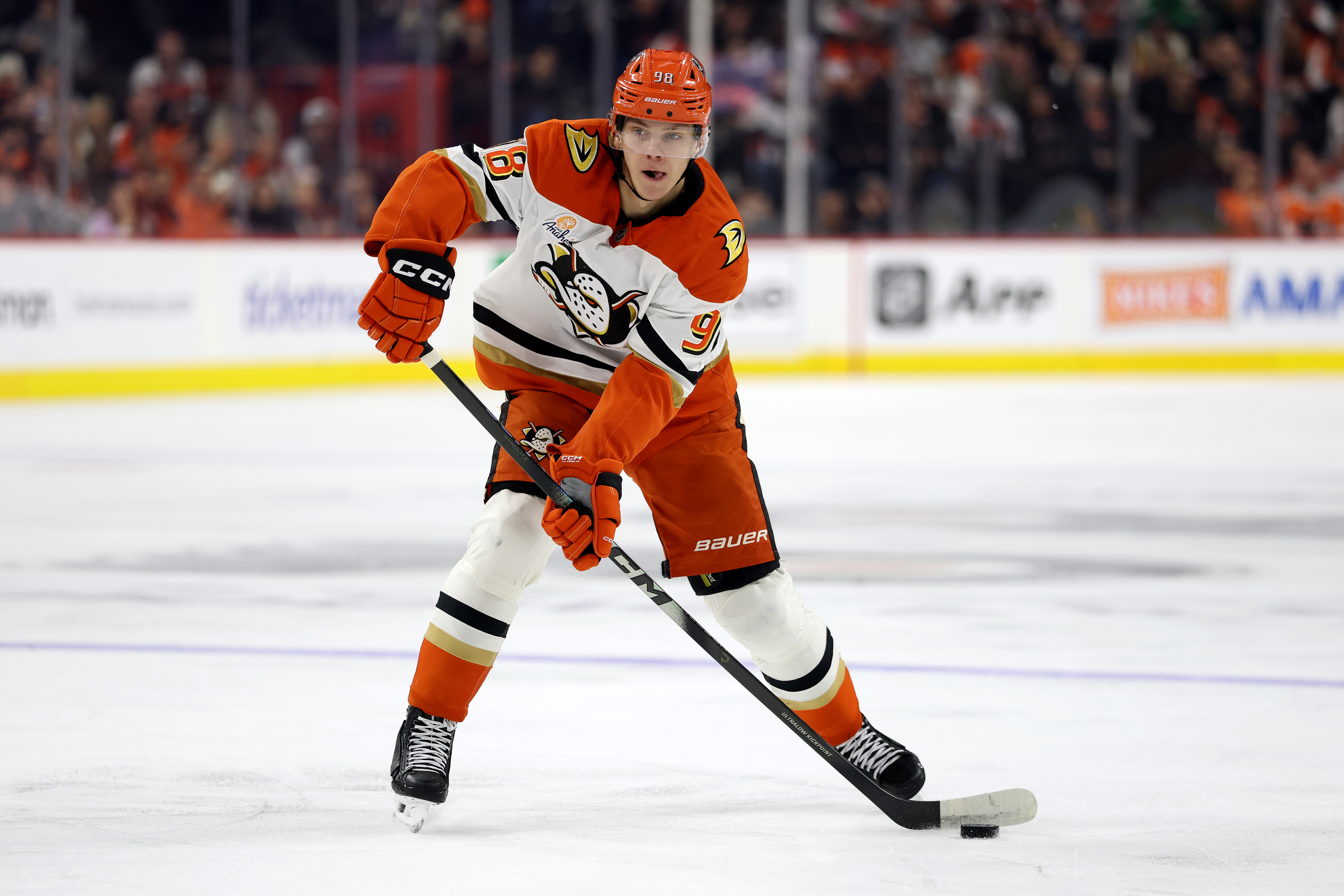 The Ducks’ Pavel Mintyukov skates with the puck during the...
