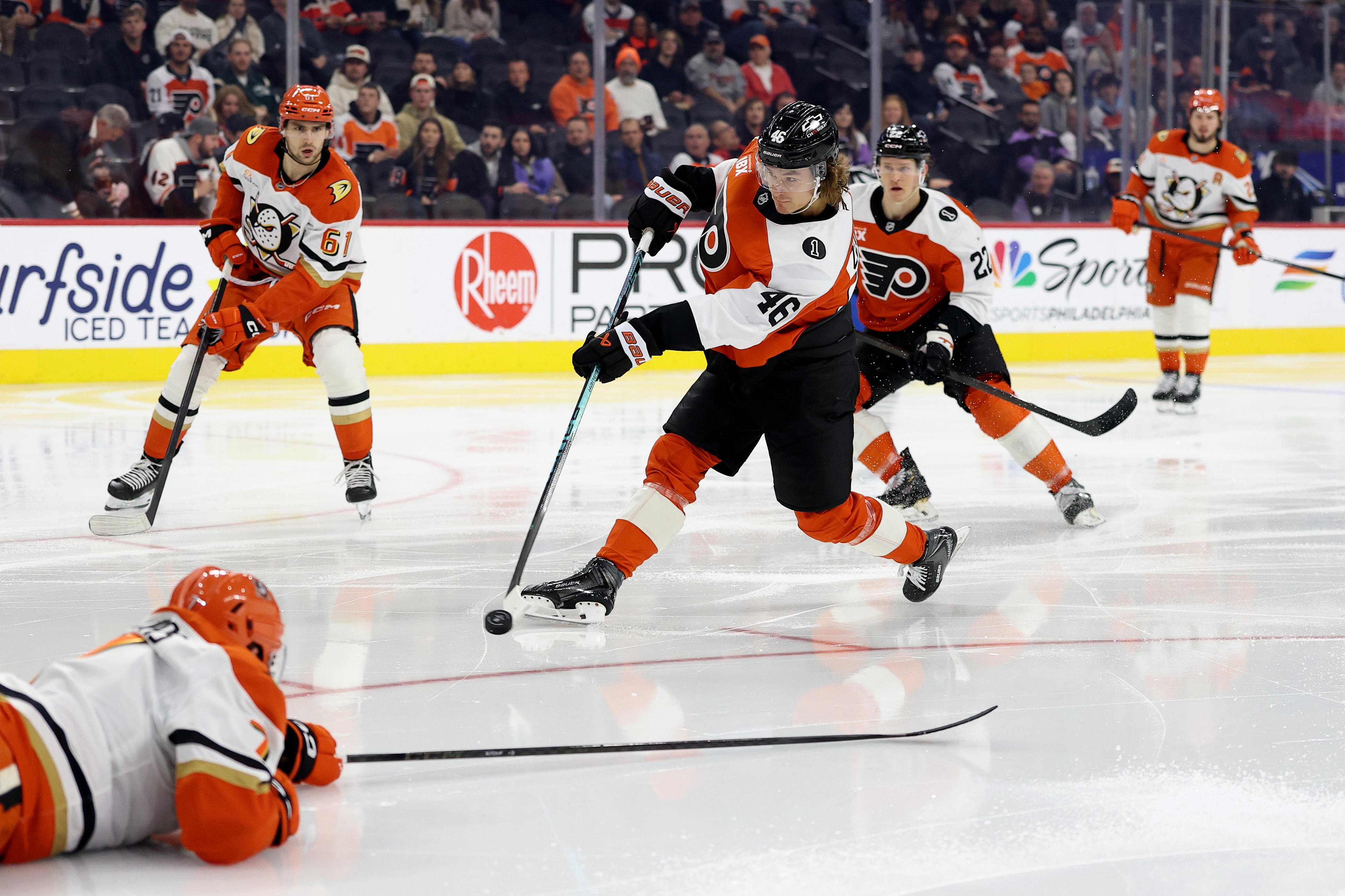 The Philadelphia Flyers’ Trevor Zegras takes a shot on goal...