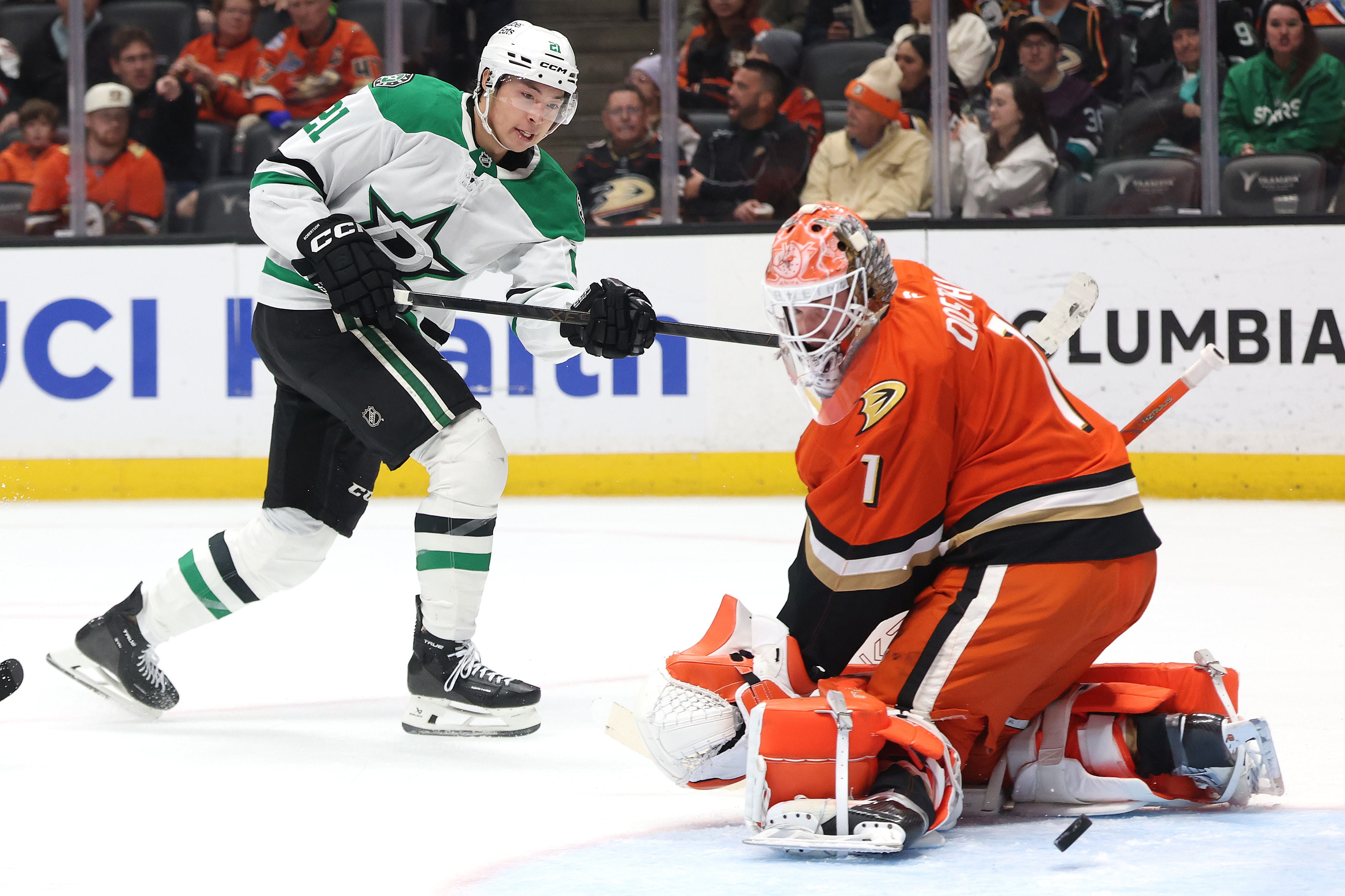 The Dallas Stars’ Jason Robertson, left, takes a shot on...