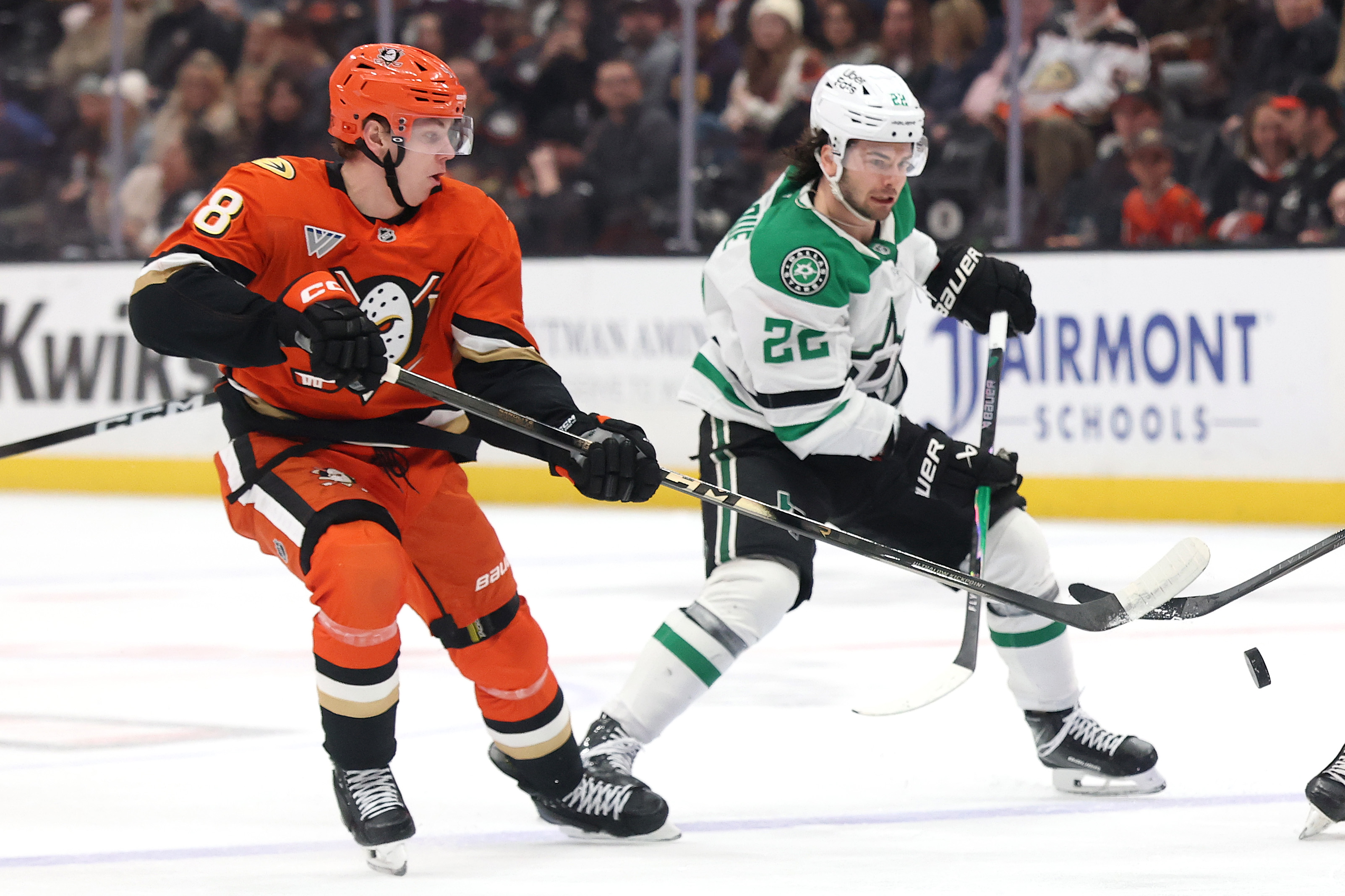 The Ducks’ Pavel Mintyukov, left, battles the Dallas Stars’ Mavrik...