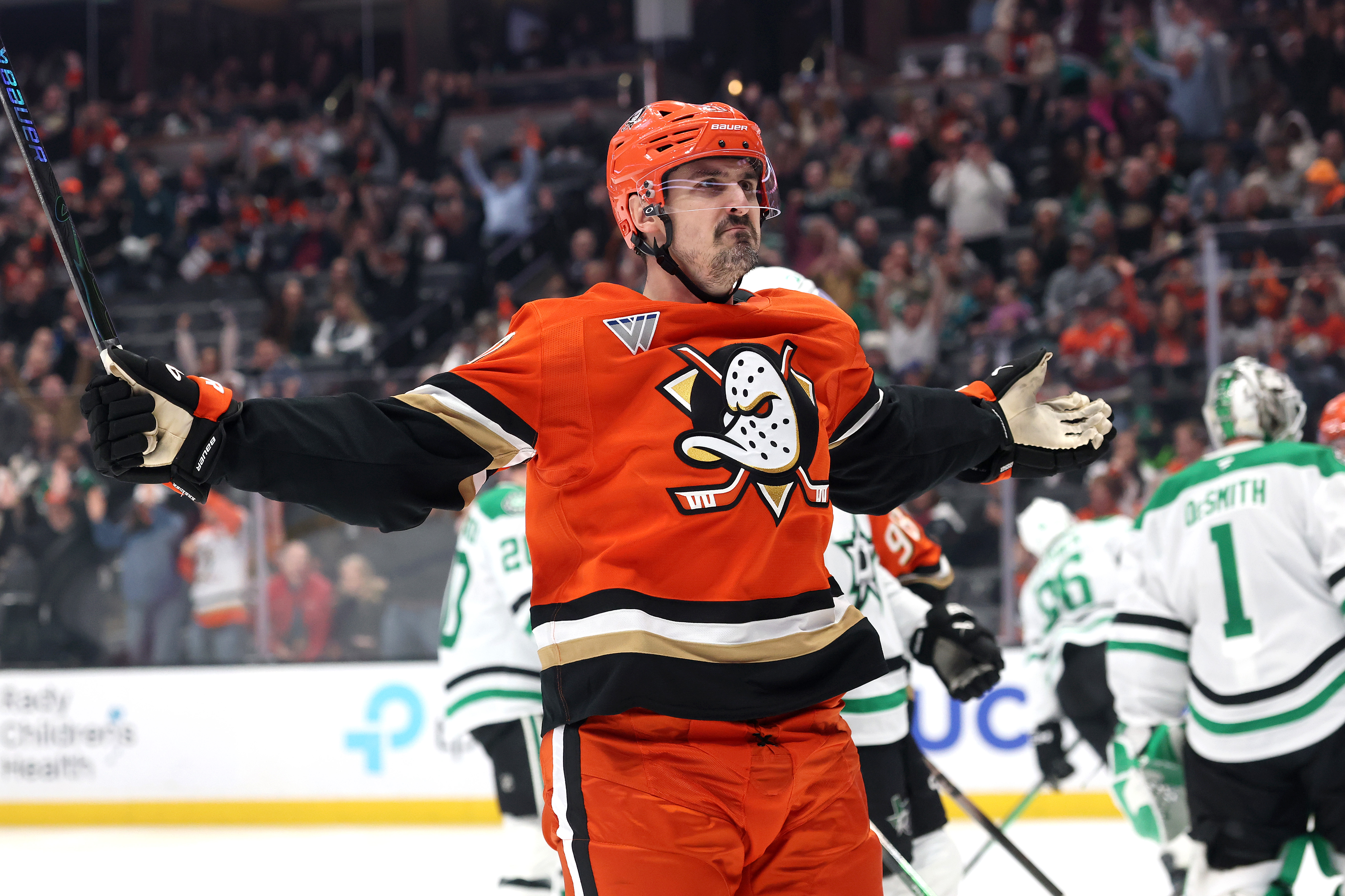 The Ducks’ Chris Kreider celebrates after scoring a goal during...