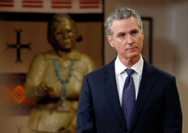 California Gov. Gavin Newsom looks on during a press conference at Friendship House Association of American Indians on January 16, 2026 in San Francisco, California. (Photo by Justin Sullivan/Getty Images)