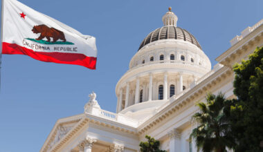California State Capitol building with state flag in Sacramento on a windy summer day with clear sky