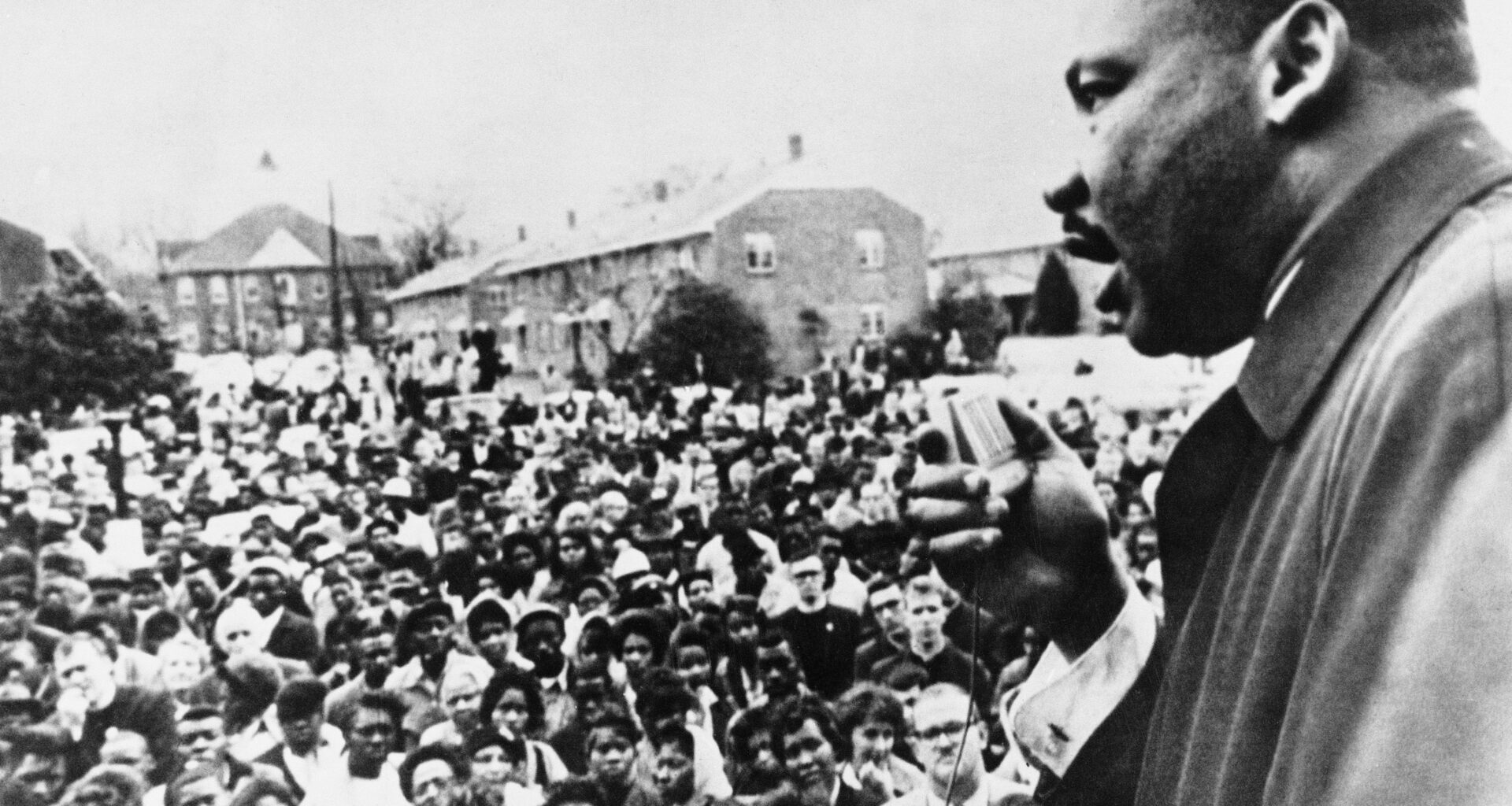 Dr Martin Luther King (1929 - 1968) addresses civil rights marchers in Selma, Alabama, April 1965.