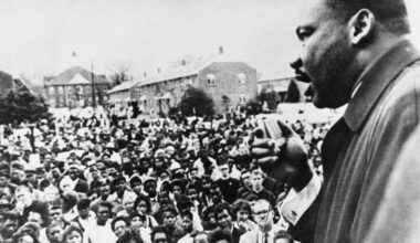 Dr Martin Luther King (1929 - 1968) addresses civil rights marchers in Selma, Alabama, April 1965.