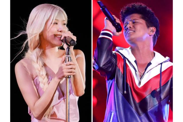 Rose performs during the Global Citizen Festival in New York on Sept. 27, 2025, left, and Bruno Mars performs at the 59th annual Grammy Awards in Los Angeles on Feb. 12, 2017. (AP Photo)