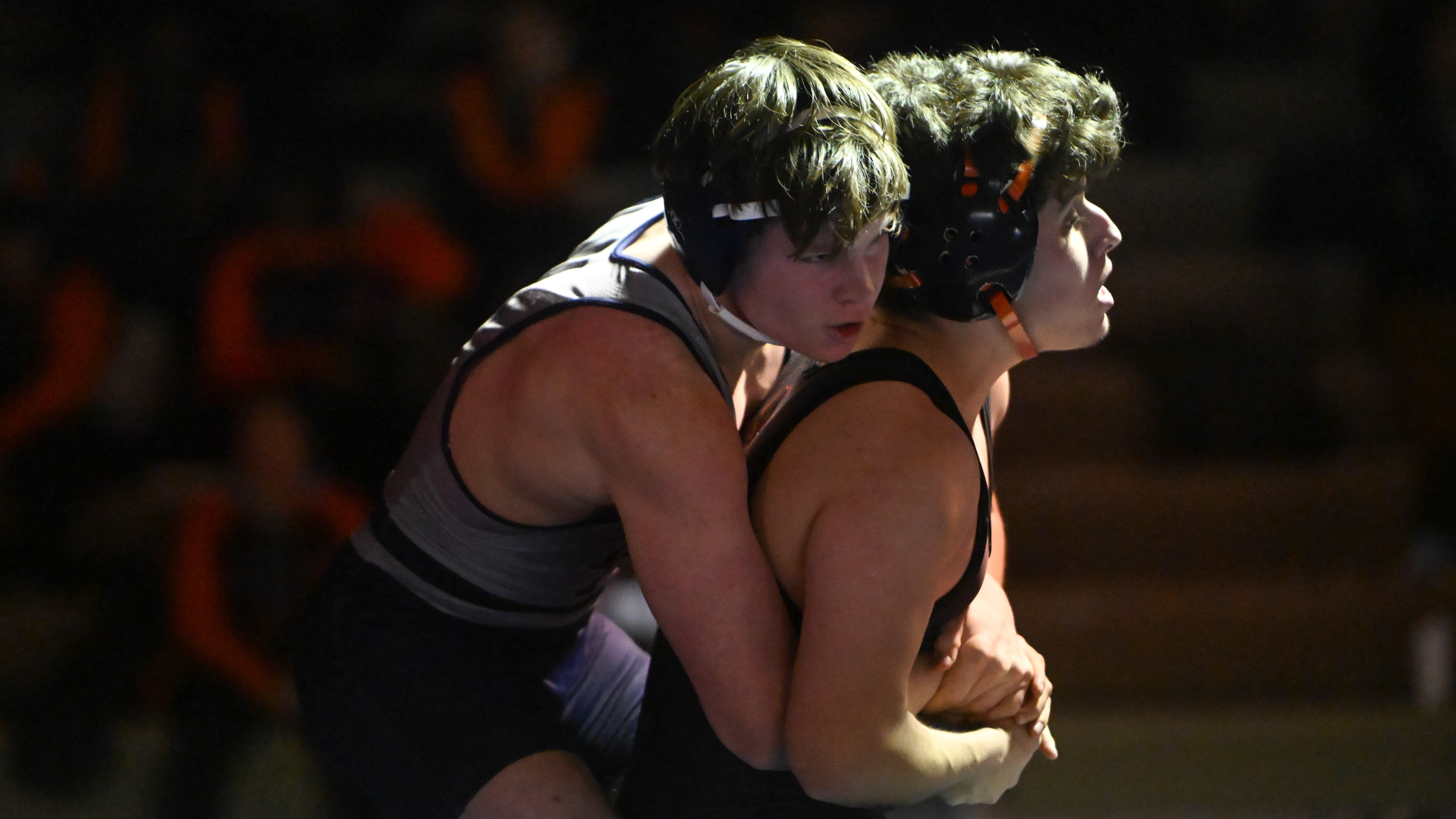 Marriotts Ridge's Caiden Hargrove controls Oakland Mills' Shaman Santillan in the 150 pound weight class during a wrestling match at Marriotts Ridge High School on Thursday. (Brian Krista/Staff)