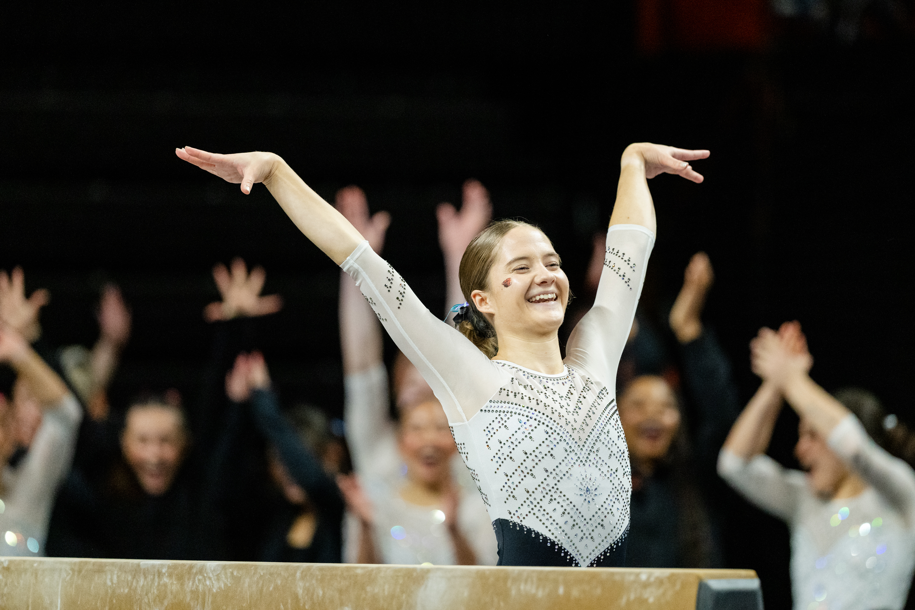 Lauren Letzsch of the Oregon State Beavers  reacts after competing the balance beam during a gymnastics meet against the Sacramento State Hornets at Gill Coliseum on January 16, 2026 in Corvallis, OR.