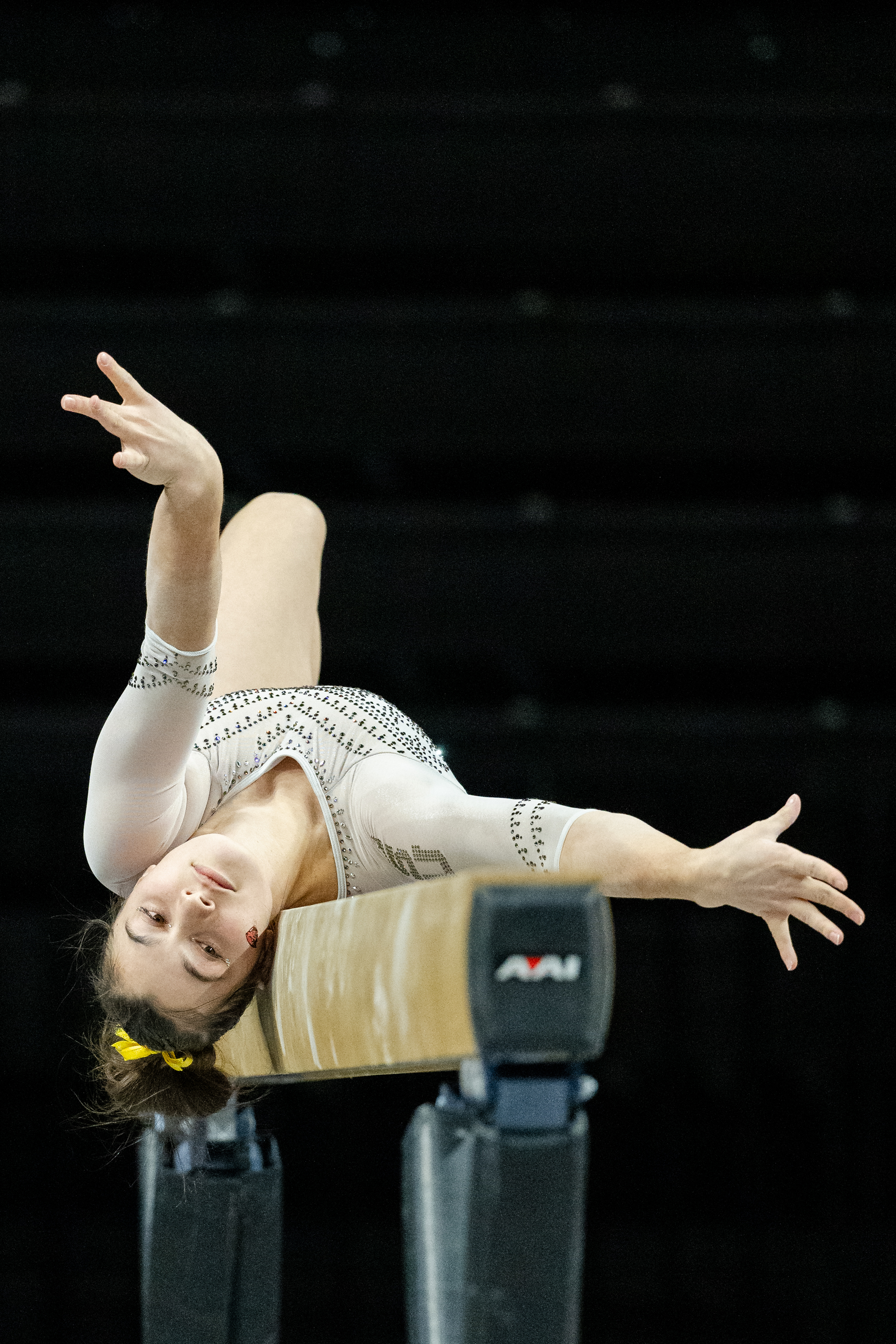 Ellie Weaver of the Oregon State Beavers competes on the balance beam during a gymnastics meet against the Sacramento State Hornets at Gill Coliseum on January 16, 2026 in Corvallis, OR.