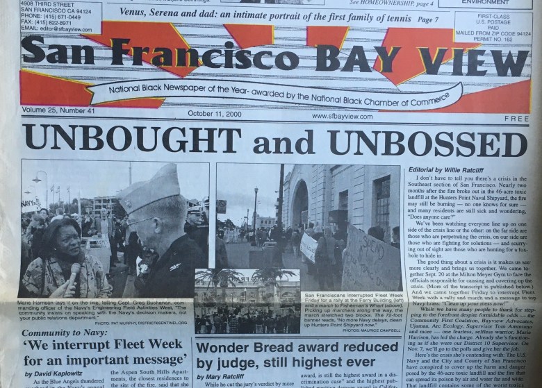 Front page of the San Francisco Bay View newspaper, with the headline "Unbought and Unbossed" and a picture of Harrison