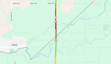 Highway 43 is blocked Friday, Jan. 16, 2026, at the Fresno–Kings County line after a multi-vehicle crash, with traffic diverted. (Caltrans)