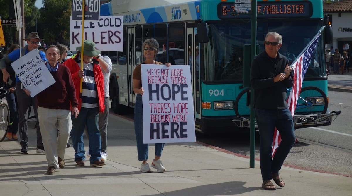Community members protesting ICE and the Trump Administration on Upper State Street in Santa Barbara on January 24, 2026 (Photo: Lauren Hanson)
