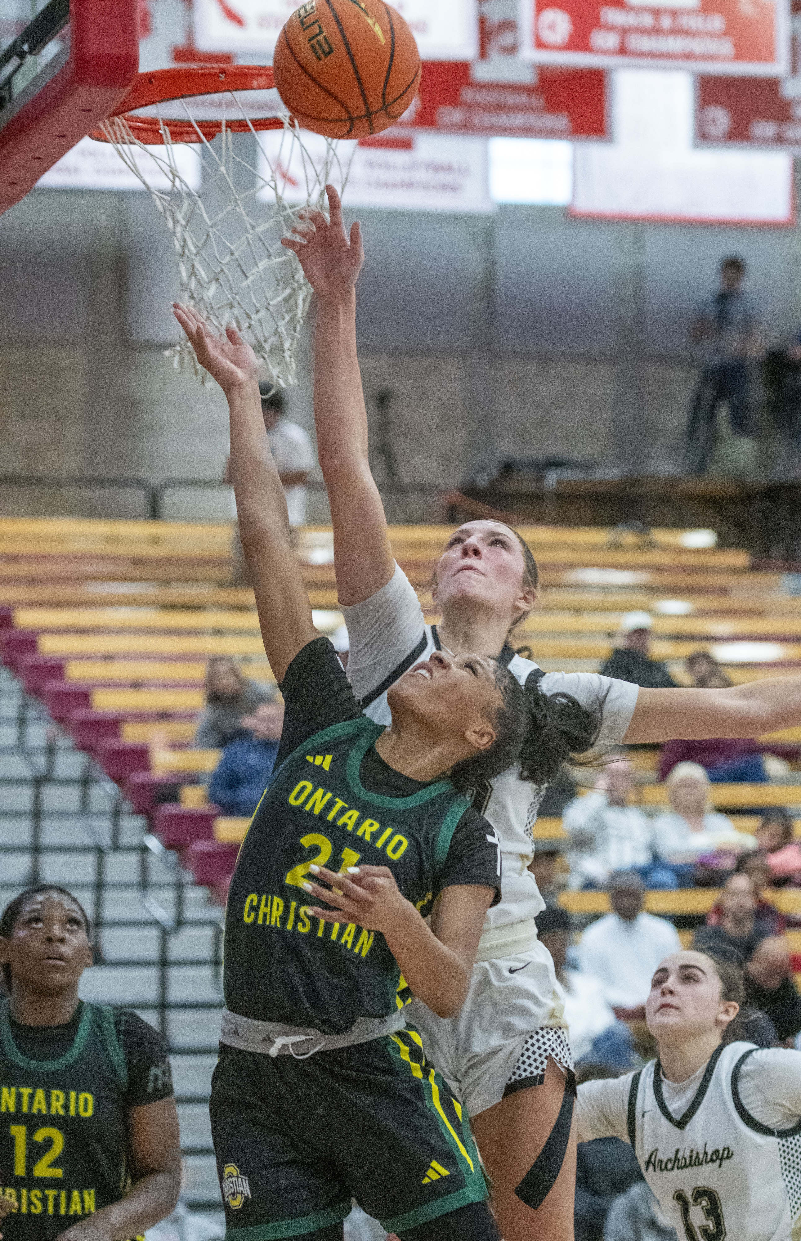 Archbishop Mitty’s McKenna Woliczko (20) blocks the shot of Ontario...