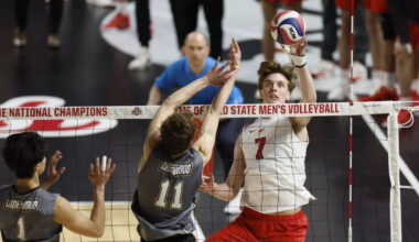 Then-freshman outside hitter Stanislaw Chacinski jumps up to hit the ball against Ball State in the Covelli Center April 19, 2025. Credit: Jay LaPrete via Ohio State Athletics