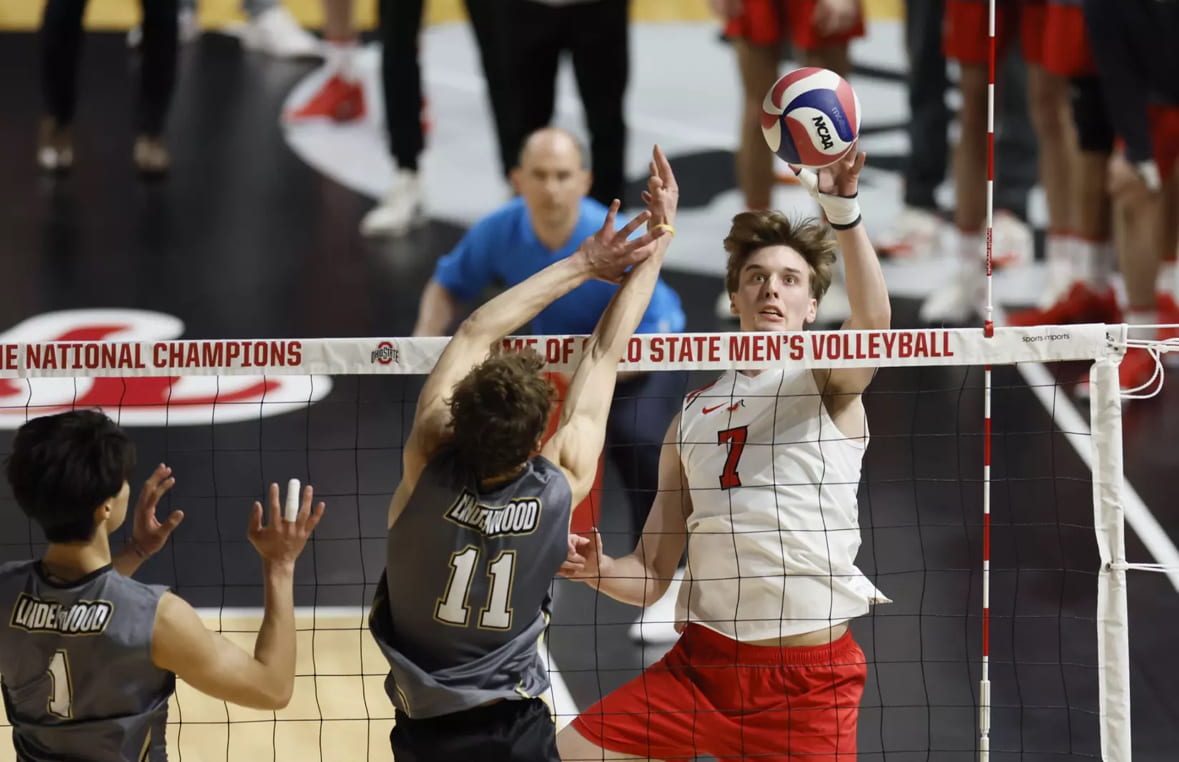 Then-freshman outside hitter Stanislaw Chacinski jumps up to hit the ball against Ball State in the Covelli Center April 19, 2025. Credit: Jay LaPrete via Ohio State Athletics