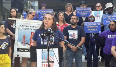 Cassondra Curiel, president of United Educators of San Francisco, at a press conference outside the school district on Thursday, Oct. 12, 2023.