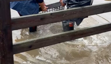 Two individuals remove the grate from a storm drain at Birch and Beta Streets in Southcrest. / Brenda de la Mora Jan. 1, 2026