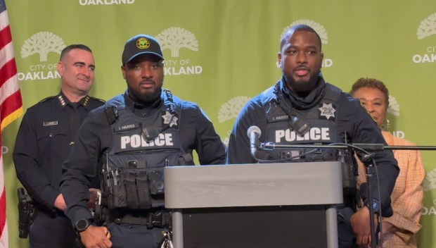 Officer Isaac Harris of the Oakland Police Department speaks alongside his twin brother, Officer Isaiah Harris, at a news conference announcing the city's revived police cadet program on Wednesday, January 21, 2026. (Shomik Mukherjee/Bay Area News Group)